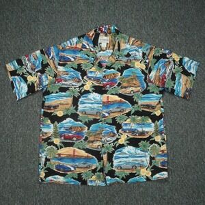 VINTAGE Reyn Spooner Shirt Mens Extra Large Blue Black Hawaiian Sports Cars USA